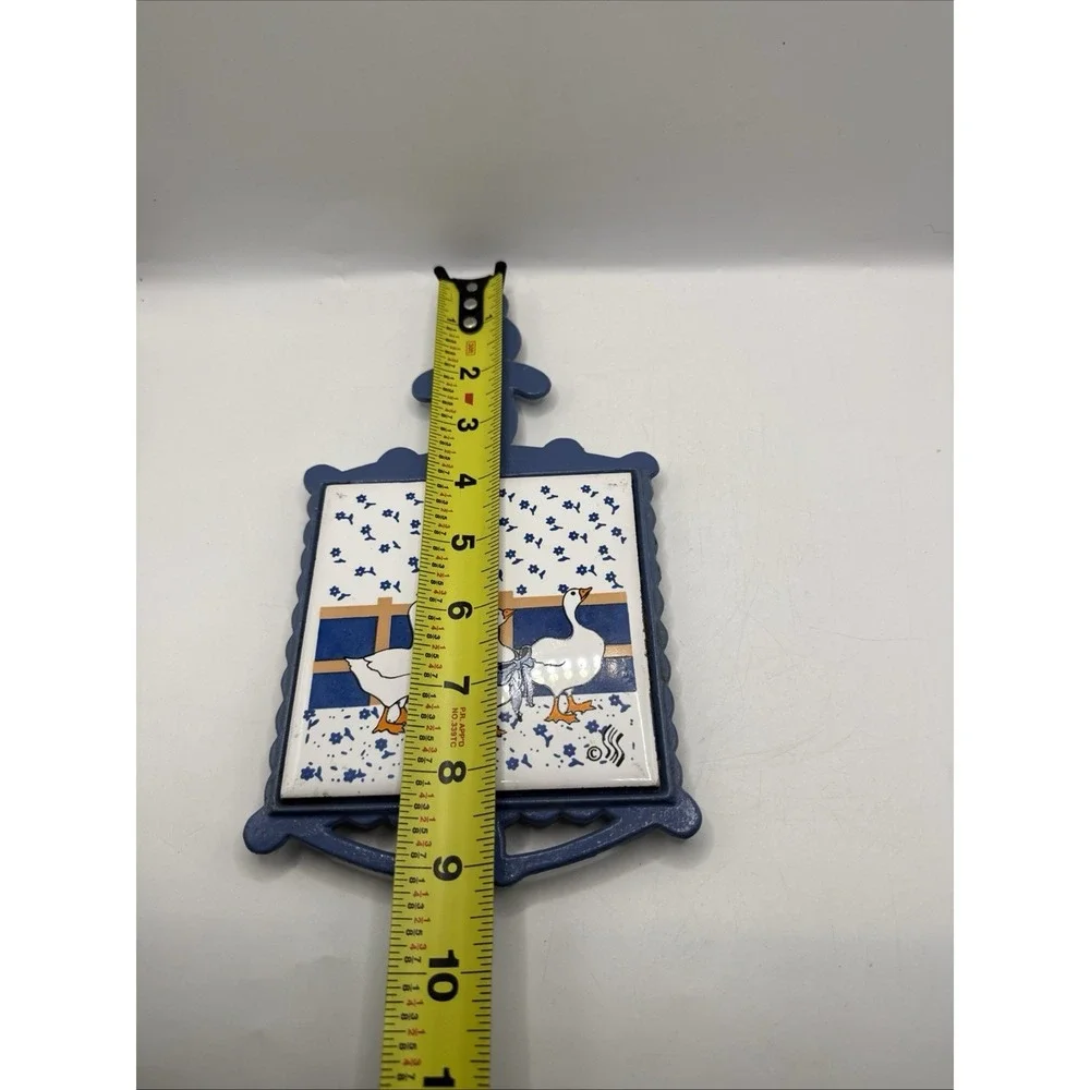 Cast Iron Ceramic Tile Trivet, Blue Ducks Vintage Cottage Core Duck
